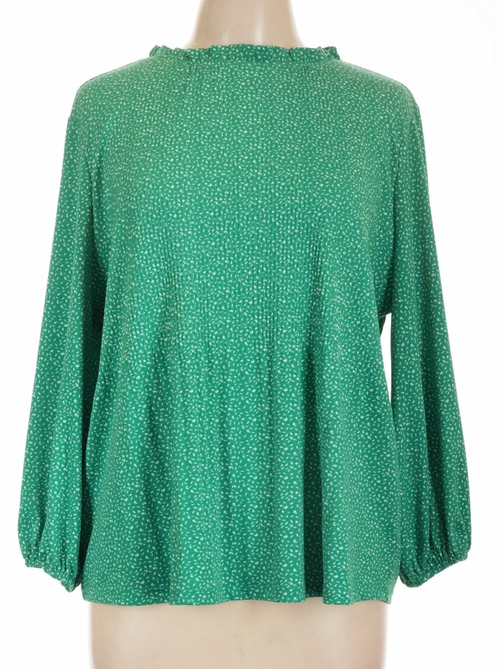 Adrianna Papell Green Micro-Print Ruffle Neck Blouse